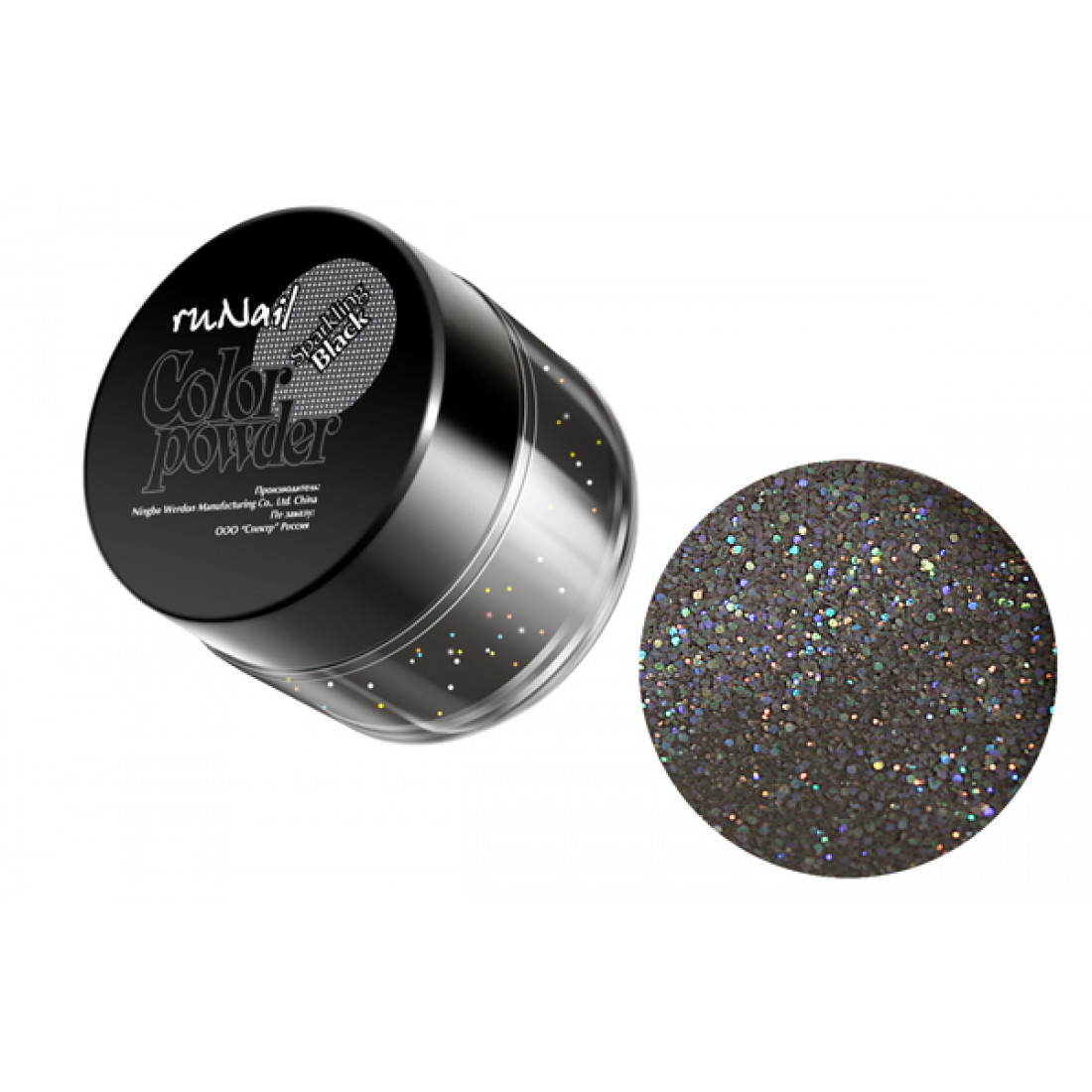 Цветная акриловая пудра Runail (с блестками, черный, Sparkling Black), 7,5 г Цветная акриловая пудра Runail (с блестками, черный, Sparkling Black), 7,5 г